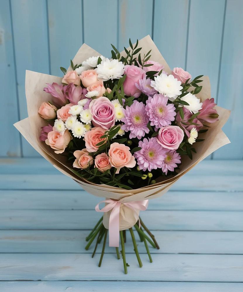 Букет цветов из: Хризантемы, Розы и Альстромерии в Калангуй