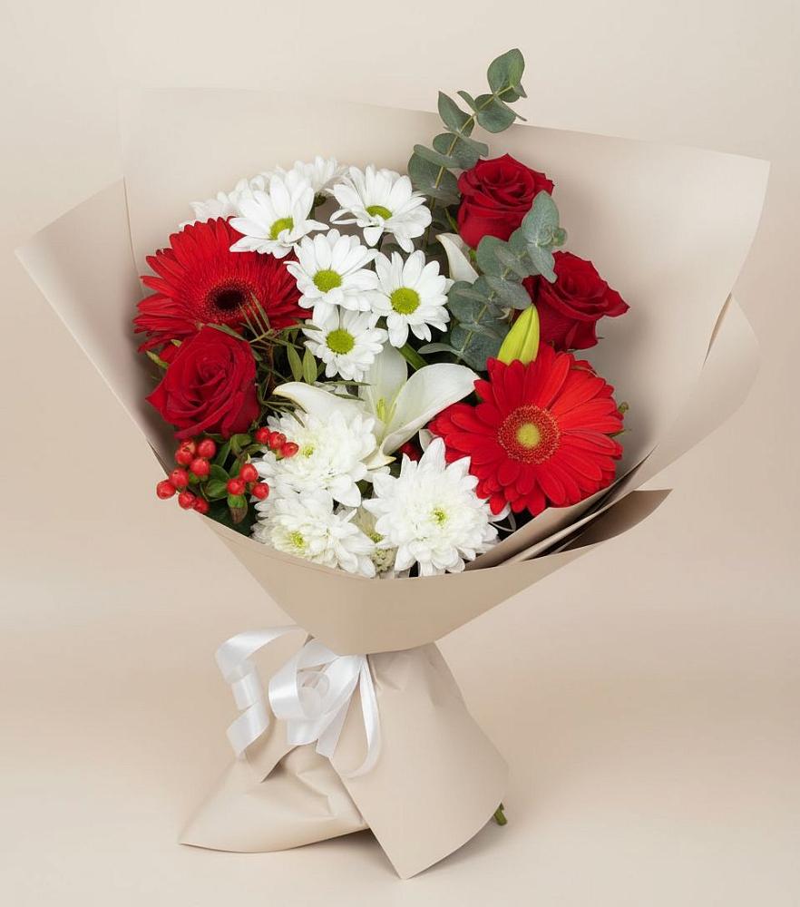 Букет цветов из: Розы, Хризантемы, Герберы и Лилии в Калангуй