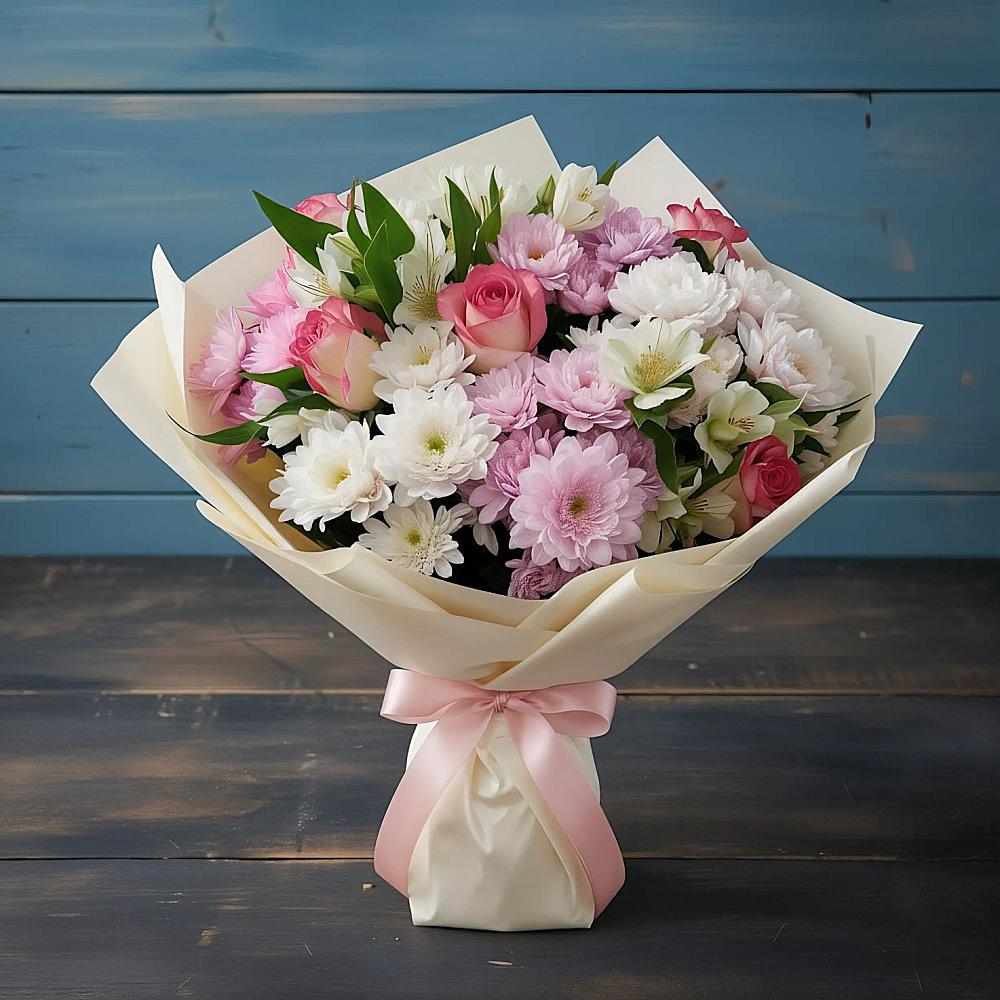 Букет цветов из: Хризантемы, Альстромерии и Розы в Калангуй